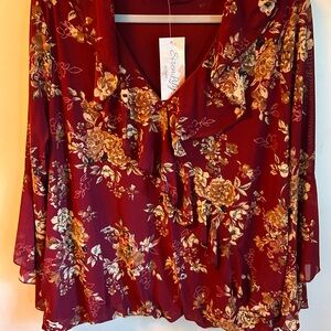 Floral Burgundy Women's Top 3 x ruffled bust 48x25